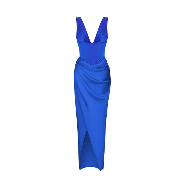 Rasario Satin Draped Long Midi Dress With A Cutout