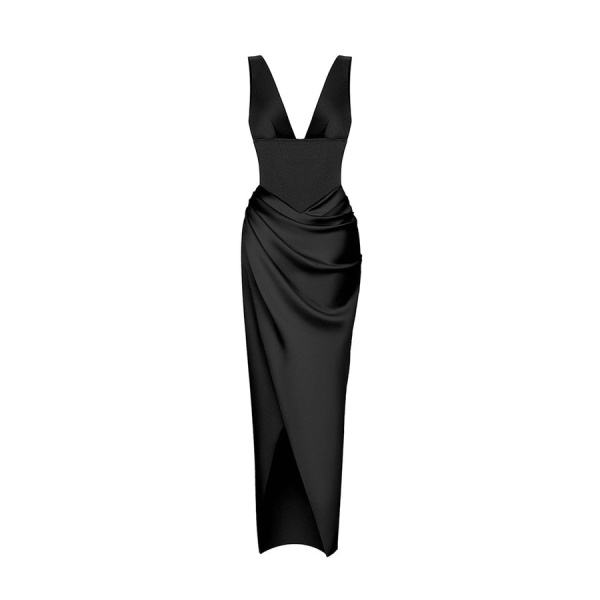 Rasario Satin Long Midi Dress With A Draped Skirt