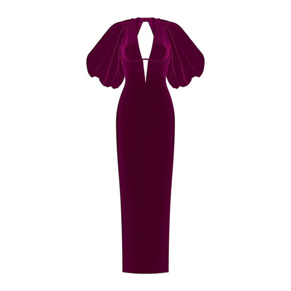 Rasario Velvet Long Midi Dress With A Cutout And Voluminous Sleeves