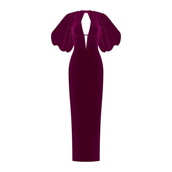 Rasario Velvet Long Midi Dress With A Cutout And Voluminous Sleeves