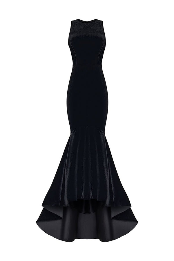 Rasario Velvet Long Midi Dress With A Cutout And Voluminous