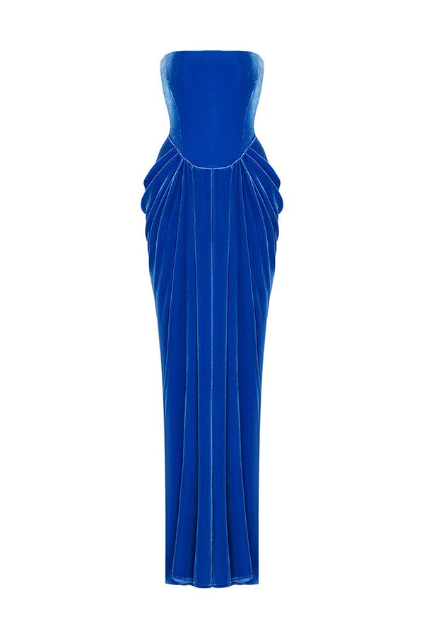 Rasario Velvet Long Midi Dress With Voluminous Sleeves And A Cutout