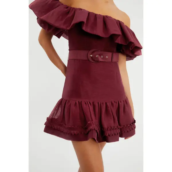 Rebecca Vallance Bordeaux Off Shoulder Mini Dress