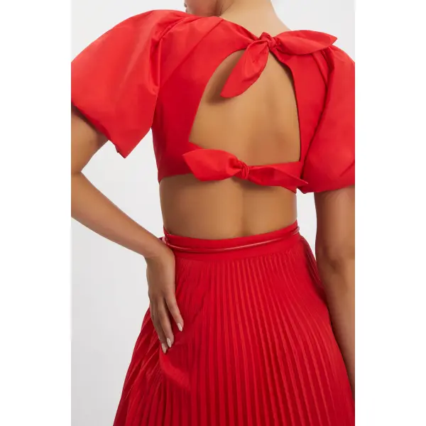 Rebecca Vallance Magdalena Puff Sleeve Midi Dress Red