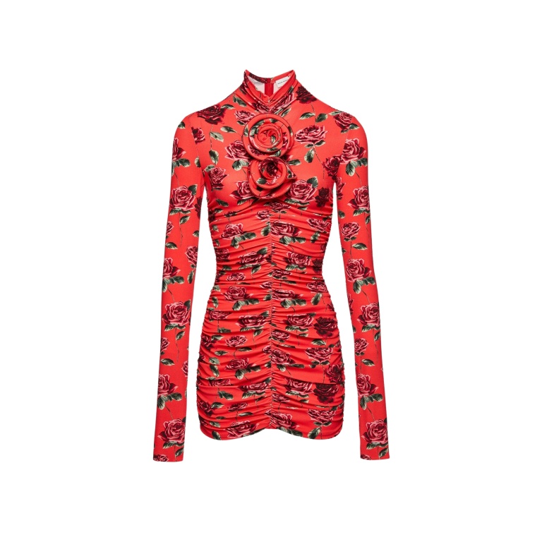 Magda Butrym Ruched floral applique turtleneck dress in red print scaled22248 nobg