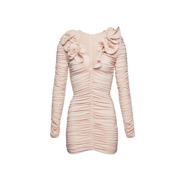 Magda Butrym Ruched ruffle v neck mini dress in beige scaled87516 nobg