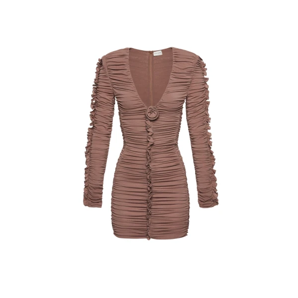 Magda Butrym Ruffle v neck dress in brown scaled80447 nobg