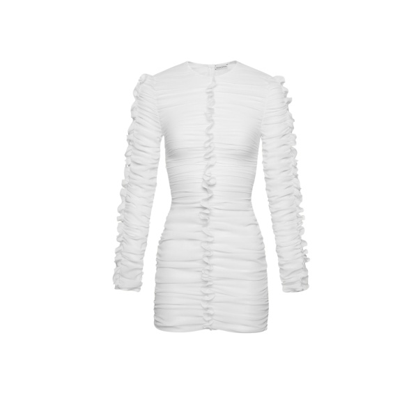 Magda Butrym Silk shirred ruffle mini dress in white scaled63258 nobg