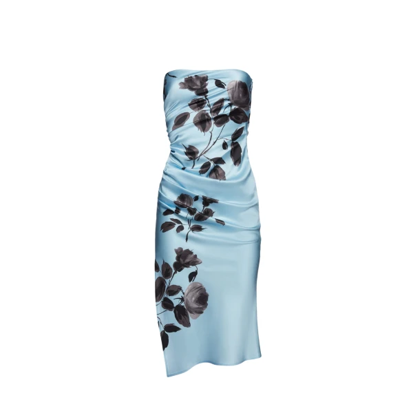 Magda Butrym Strapless silk stamped dress in blue print scaled65260 nobg