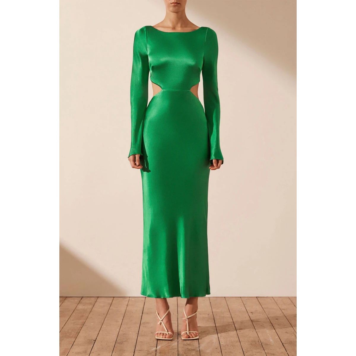 Shona Joy Lana Long Sleeve Open Back Midi Dress - Tree Green