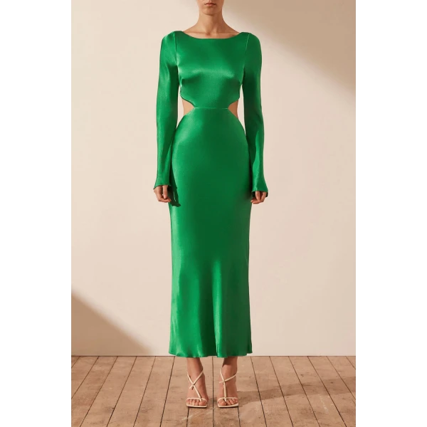 Shona Joy Lana Long Sleeve Open Back Midi Dress - Tree Green