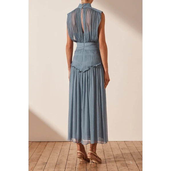 Shona Joy Lauren High Neck Midi Dress - Dusty Blue