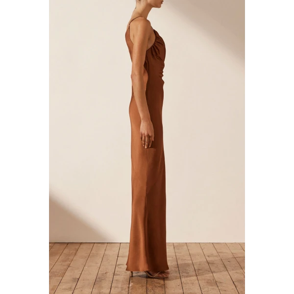 Shona Joy Luxe Asymmetrical Gathered Maxi Dress - Mocha