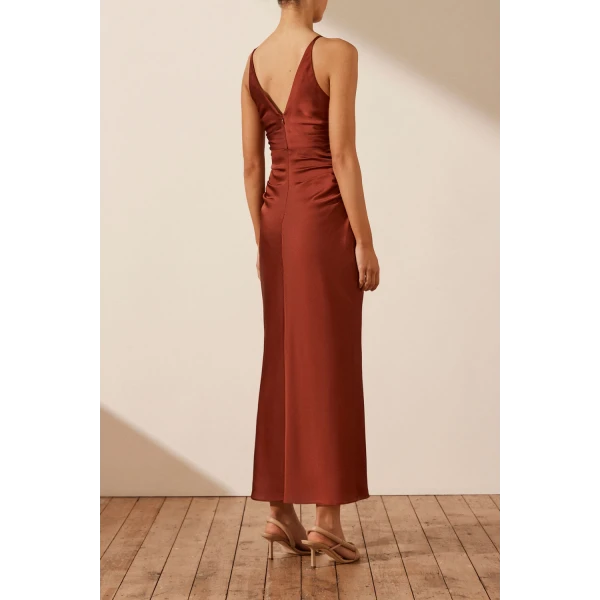 Shona Joy Luxe High Neck Ruched Midi Dress - Sangria