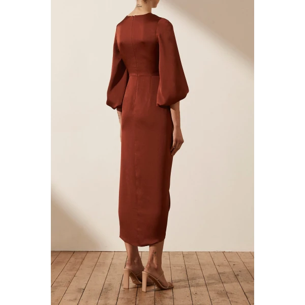 Shona Joy Luxe Tie Front Balloon Sleeve Midi Dress - Sangria