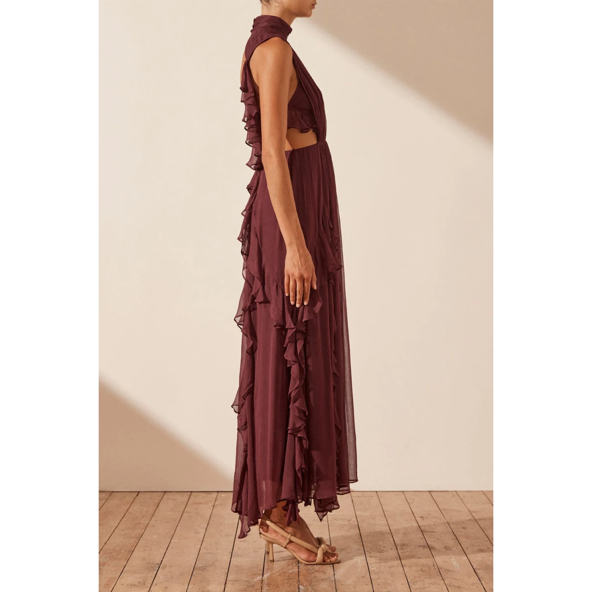 Shona Joy Marquis Backless Frill Maxi Dress - Deep Wine