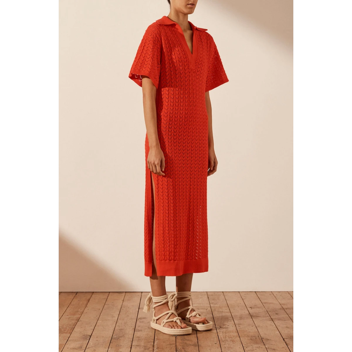 Shona Joy Mikala Crochet Polo Midi Dress - Hibiscus