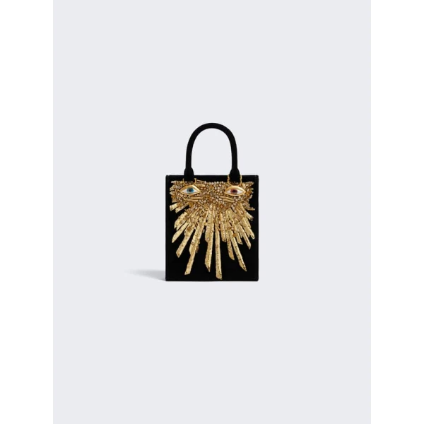 Schiaparelli Mini Anatomy Jewelry Bag with embroidery and gold face hardware (nose and mouth) - Front View
