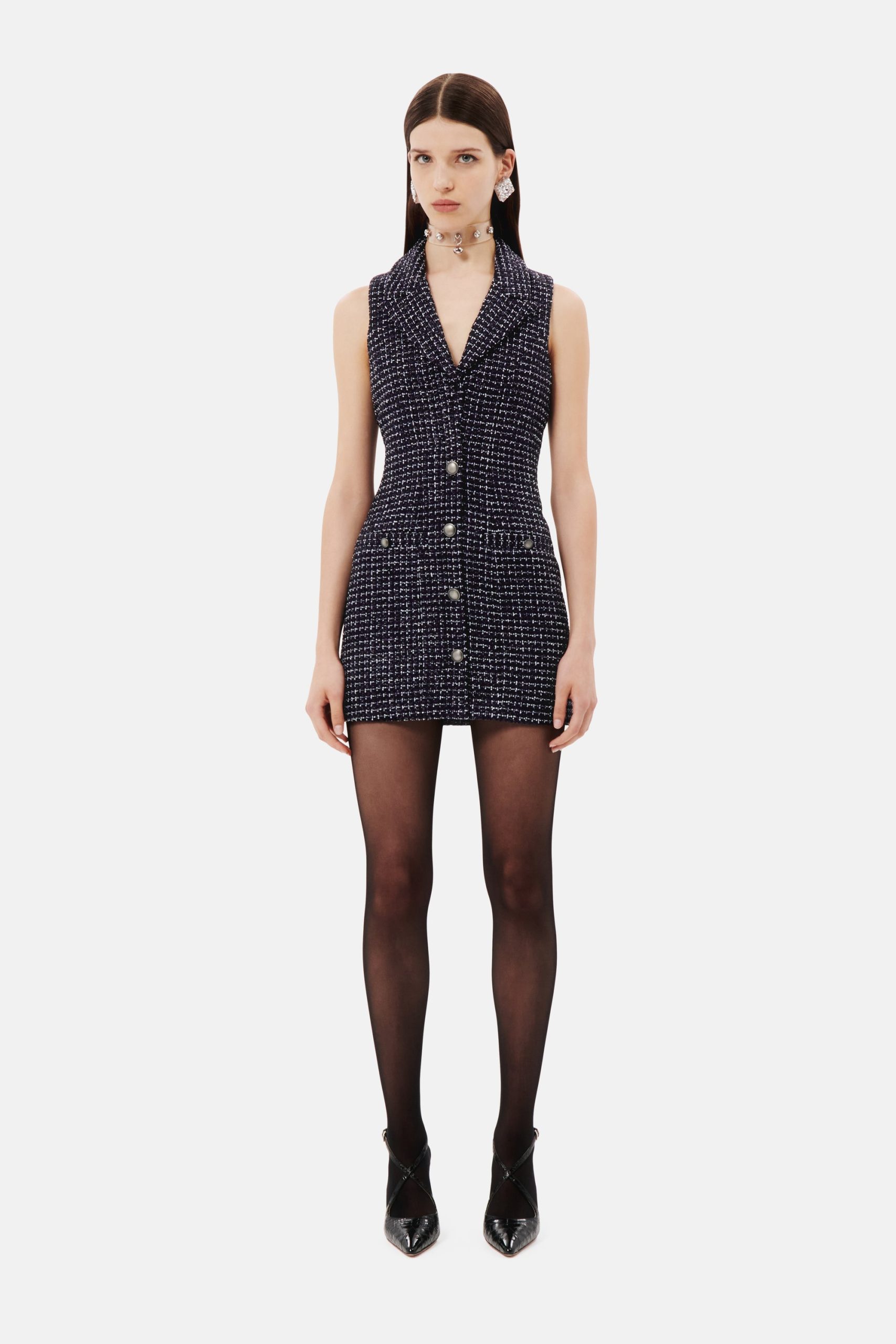 パーティードレス Embellished Checked Tweed Shift Dress Alessandra Rich Sequin Checked Tweed Sleeveless Mini Dress