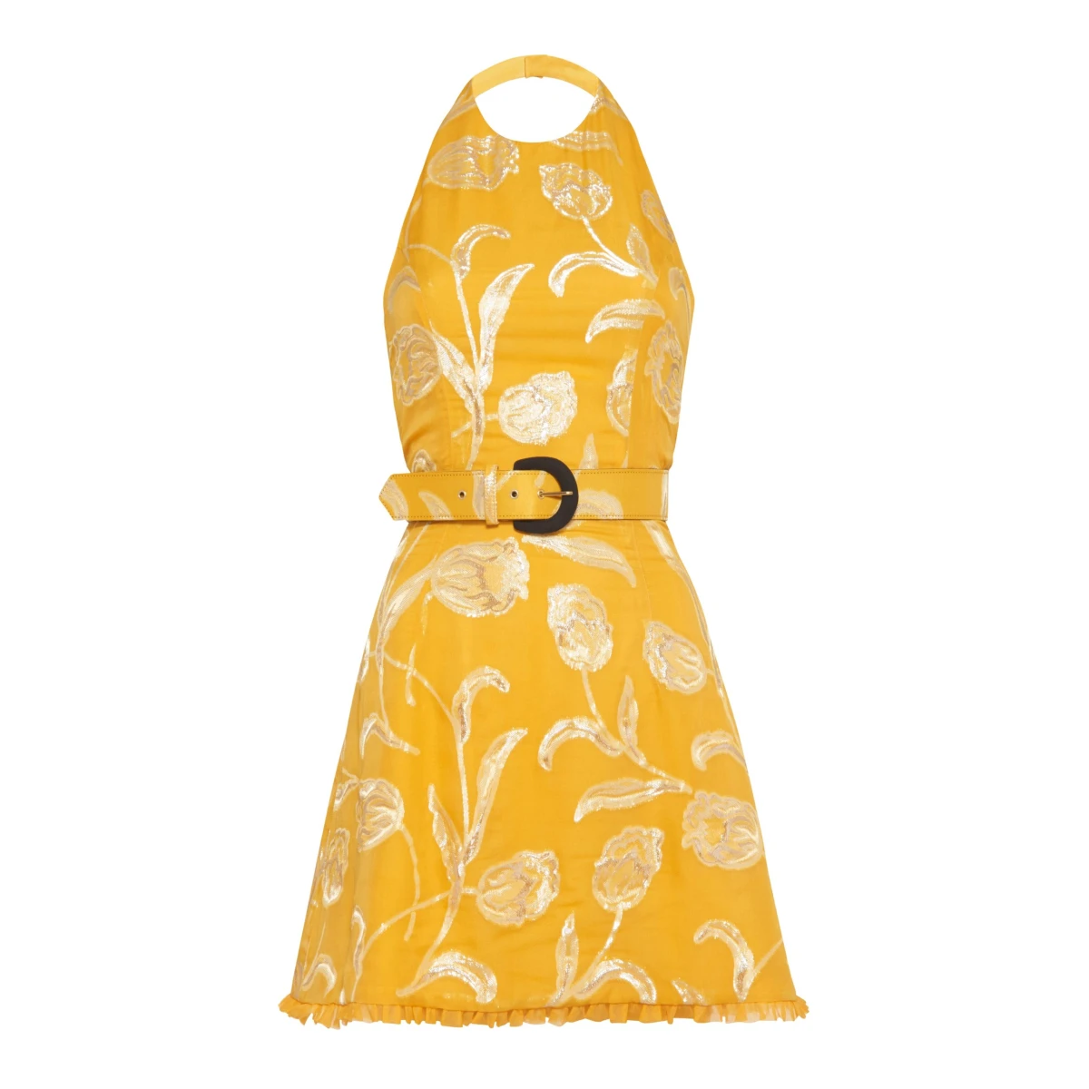 Markarian Agave Yellow Floral Halter Mini Dress With Belt | Luxury 