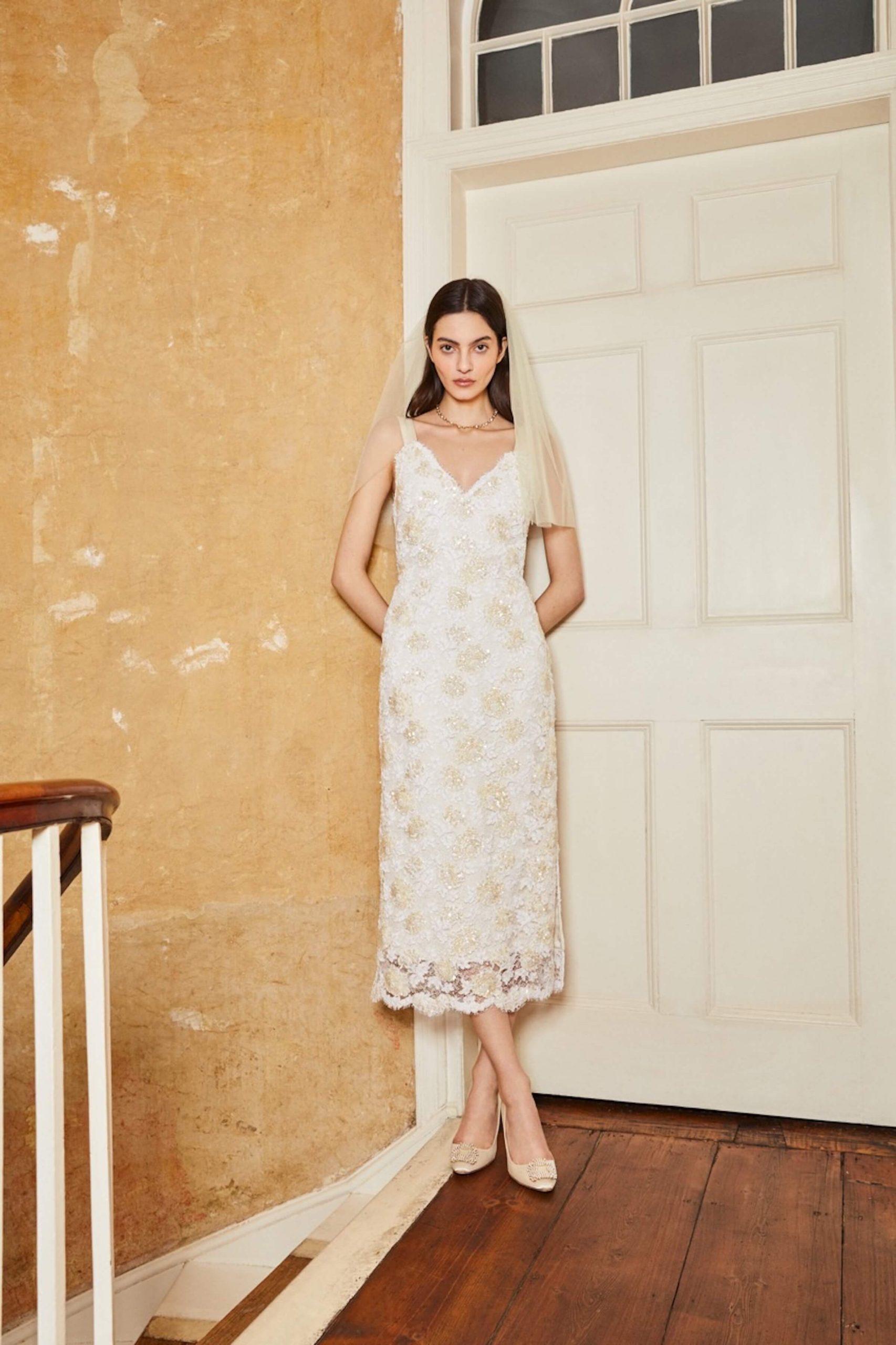 Markarian Bianca Beaded Lace Shift Dress With Side Slit | Luxury