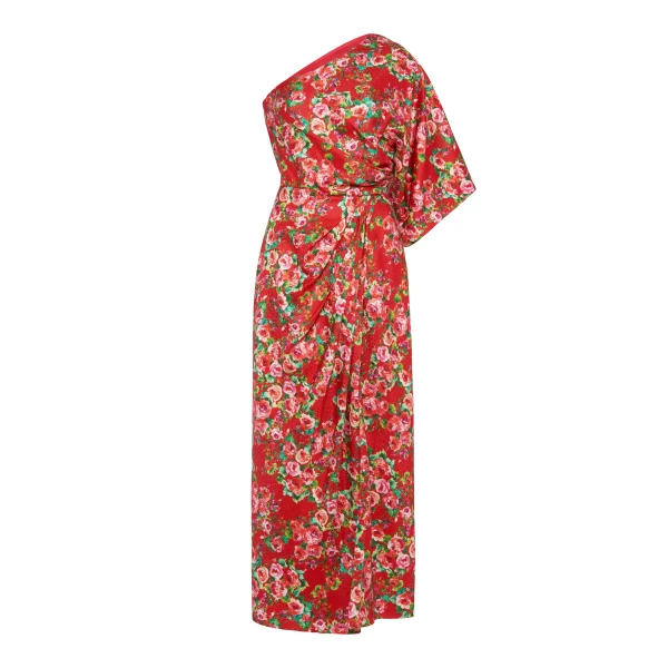 Markarian Carla Red Rose One Shoulder Draped Midi Dress