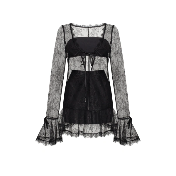 Milla Alluring semi-transparent lace mini dress in black, Xo Xo