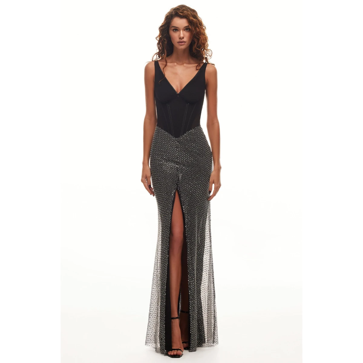 Milla Black corset maxi dress with silver sequined maxi skirt Coveti