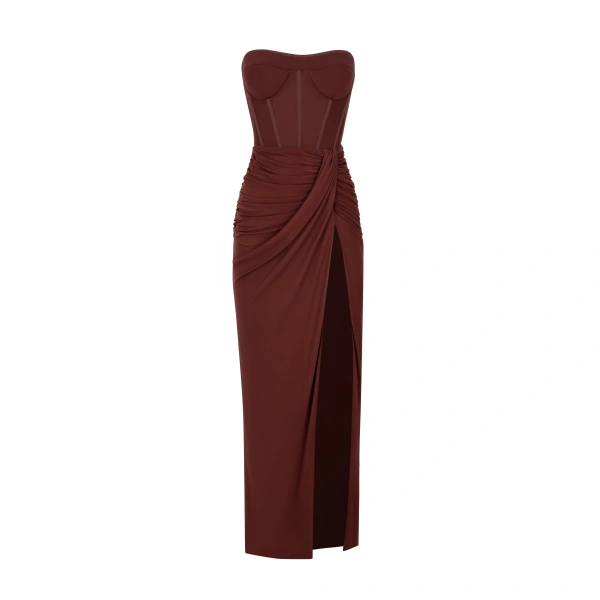 Milla Chocolate off-the-shoulder maxi dress with a thigh slit