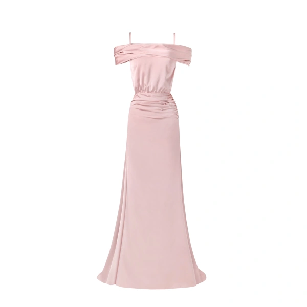 Milla Elegant misty rose off-the-shoulder silk maxi dress