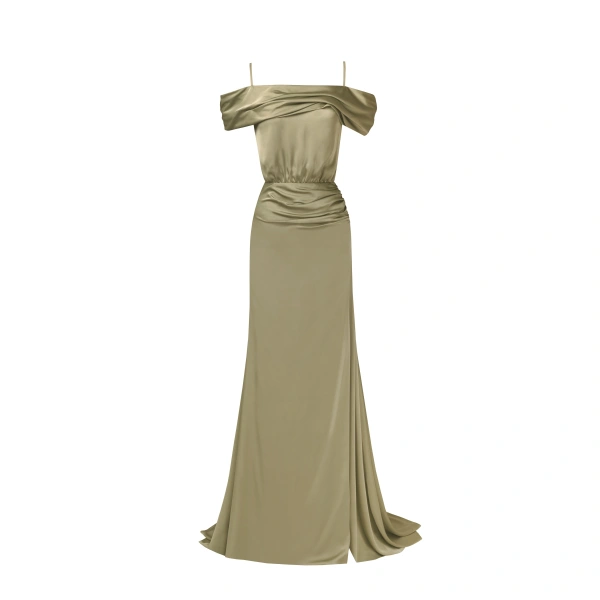 Milla Elegant olive off-the-shoulder silk maxi dress