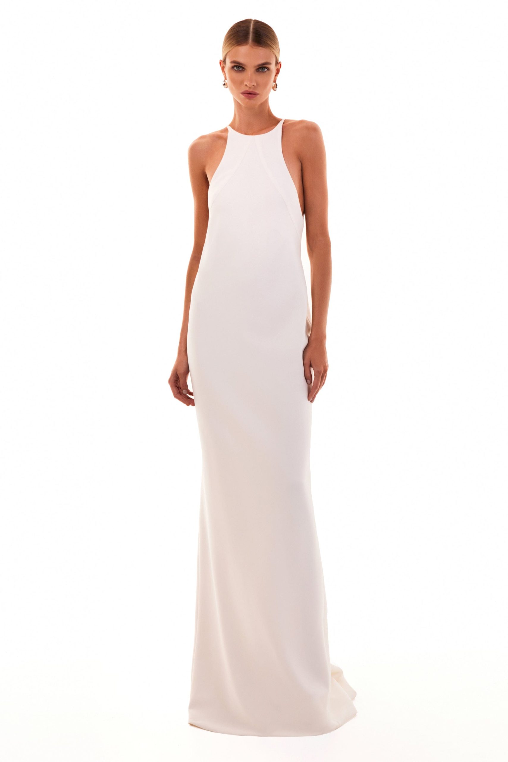 Milla Lustrous white halterneck maxi dress | Coveti