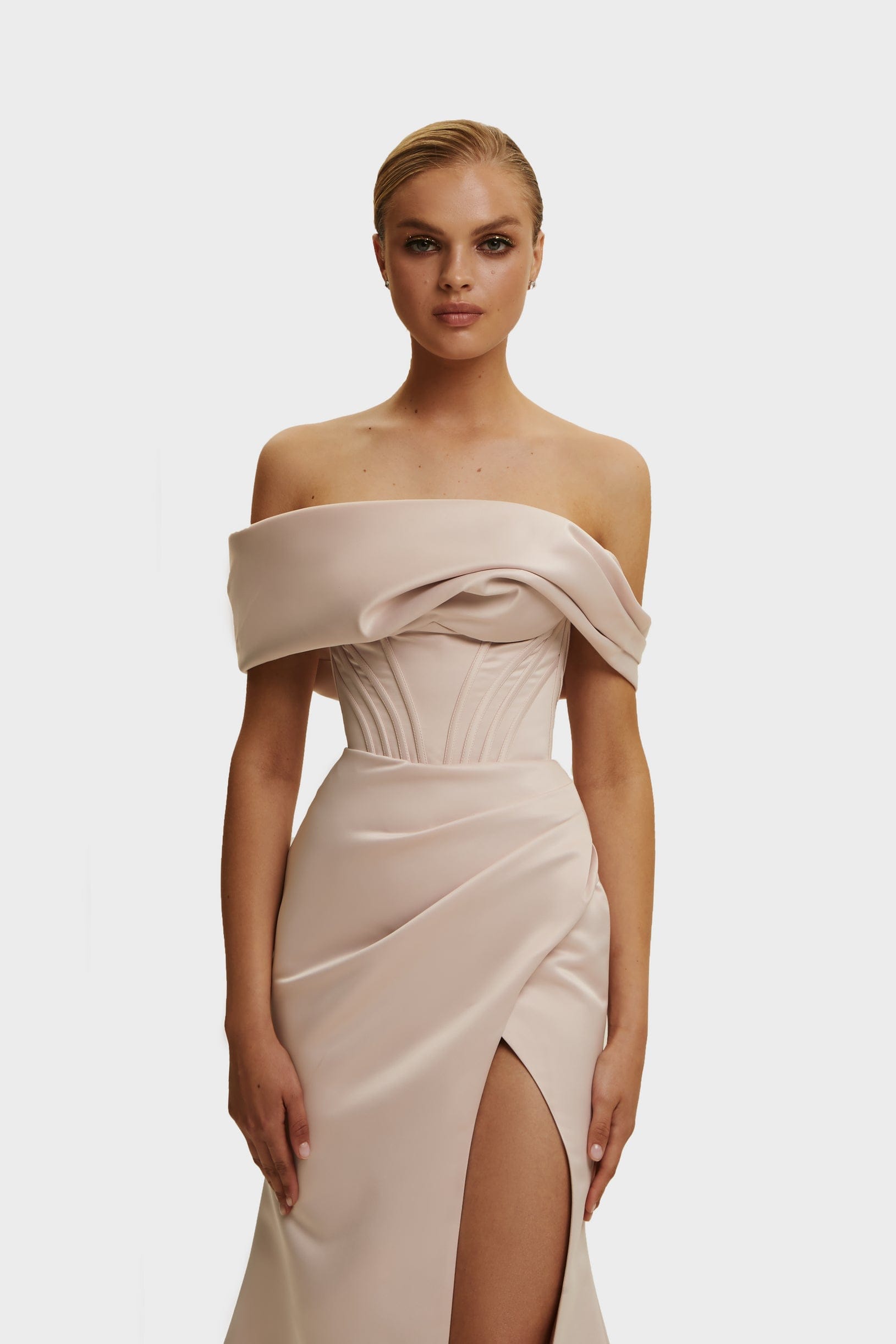 A-Line Strapless Slit Dreamy Gown With Ruffle Marigold