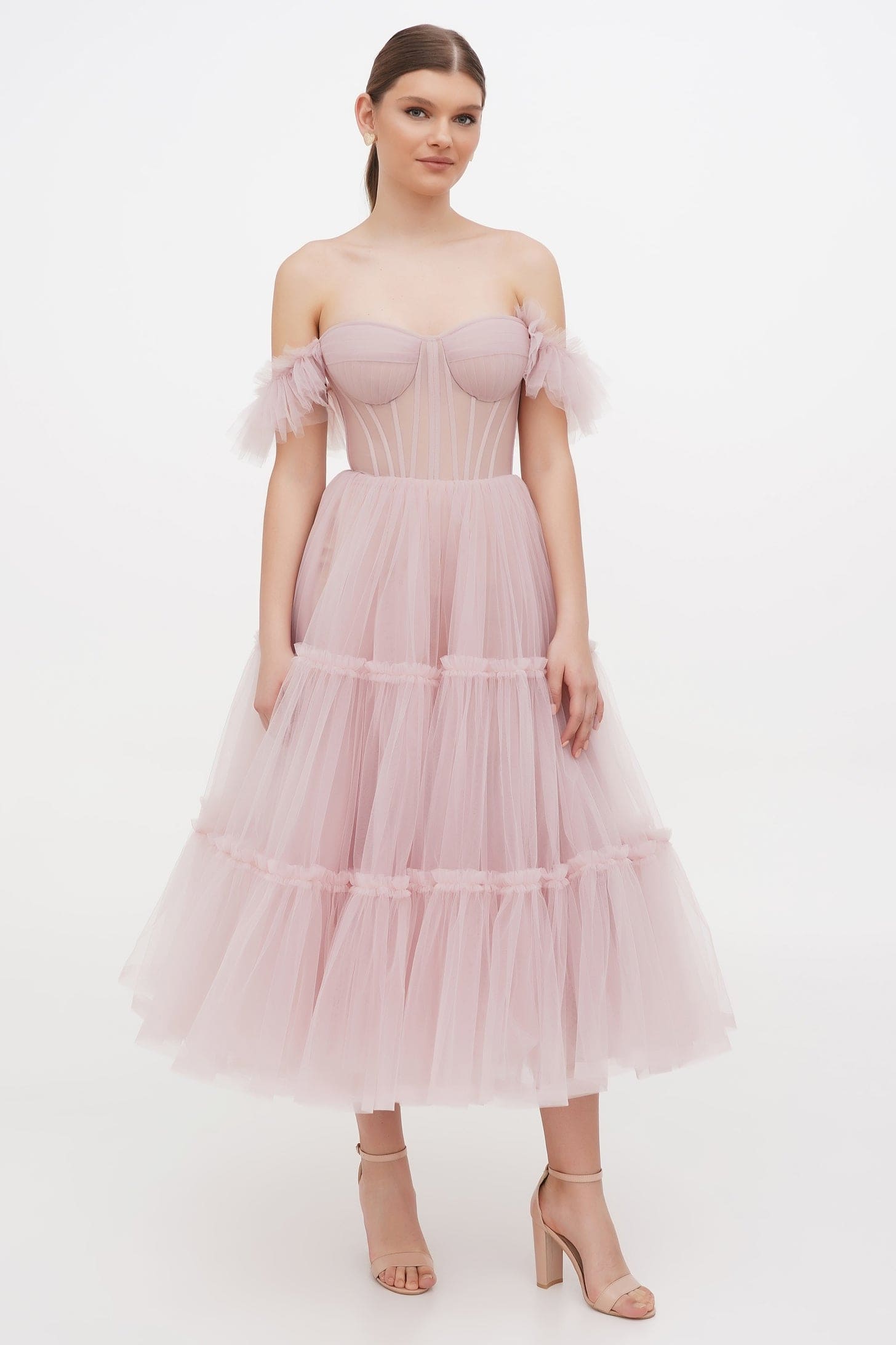 Off Shoulder Ruffled Tulle Midi Dress