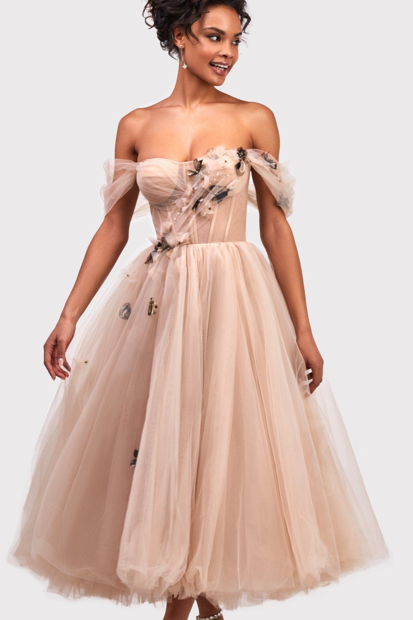 Off-the-shoulder midi gown with the tender embellishment Coveti