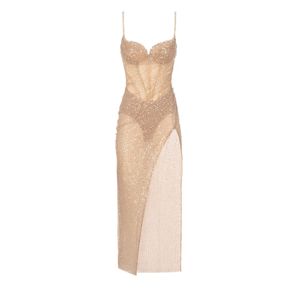 Milla Sensational champagne gold crystal-embellished maxi dress on spaghetti straps