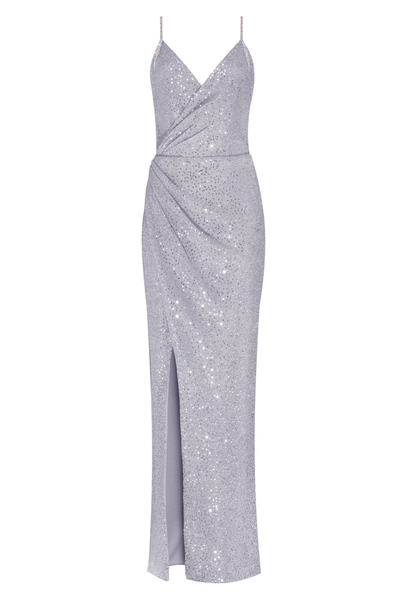 Milla Spaghetti straps silver sparkling wrapped maxi dress | Coveti