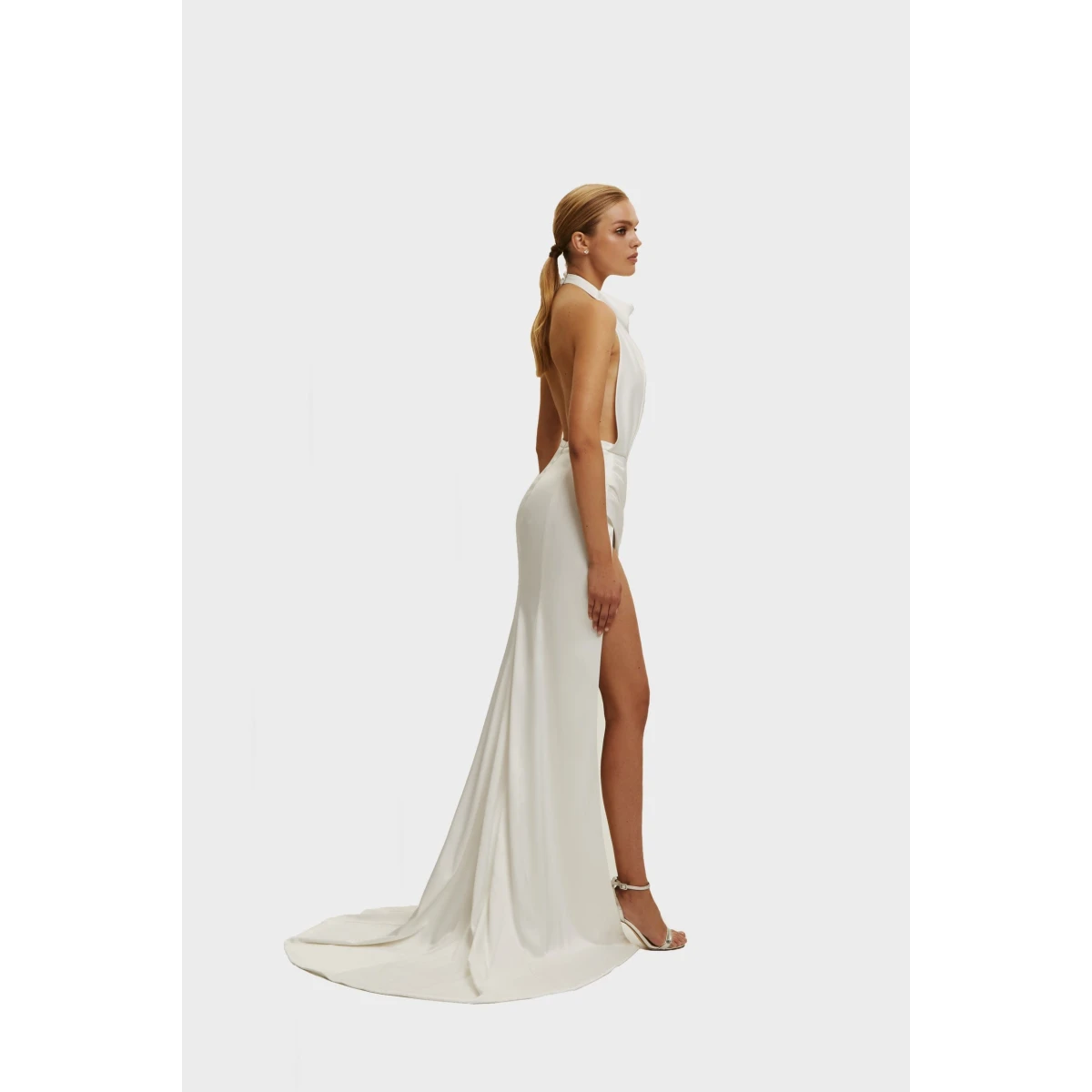 White Backless High Slit Dress