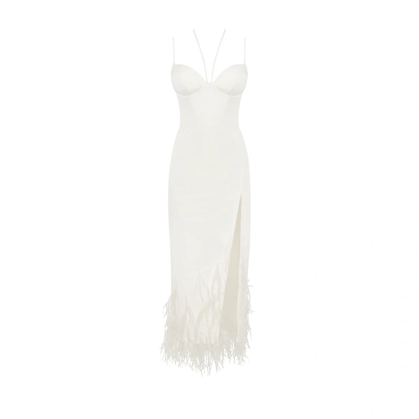 Milla White cocktail dress decorated with feathers, Xo Xo