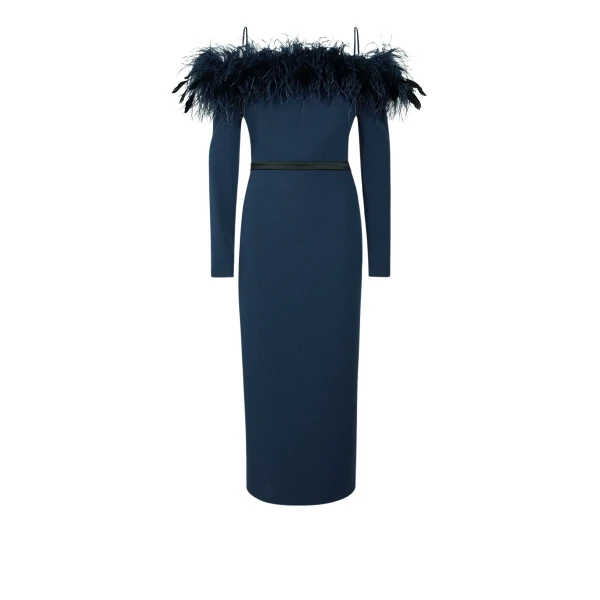 Safiyaa Vittoria Ink Blue Feather Trimmed Midi Dress31364 nobg