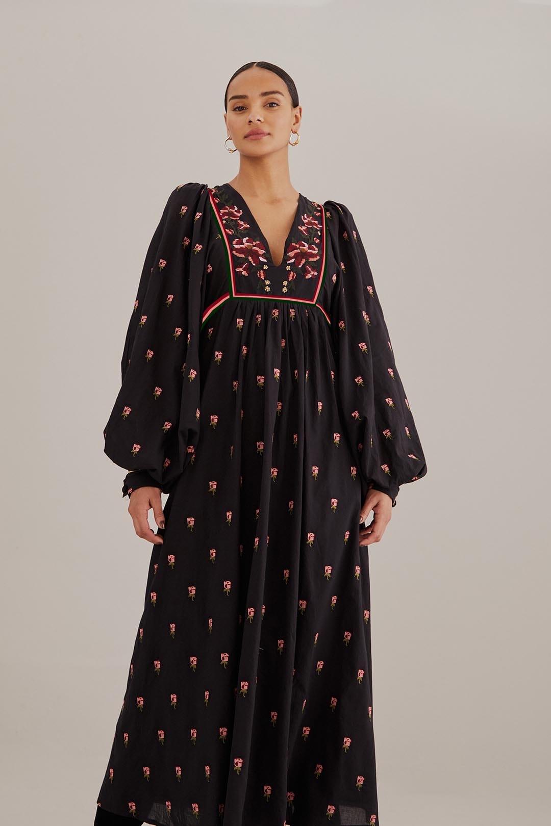 Farm Rio Red Black Floral Embroidered V Neck Maxi Dress