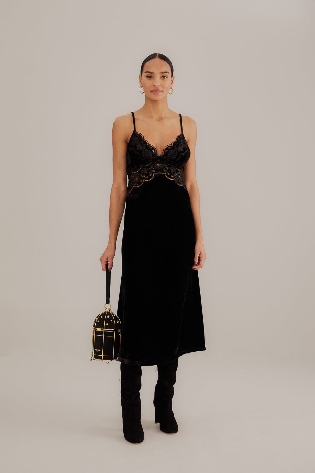 Farm Rio Black Black Richelieu Velvet Slip Dress Designer