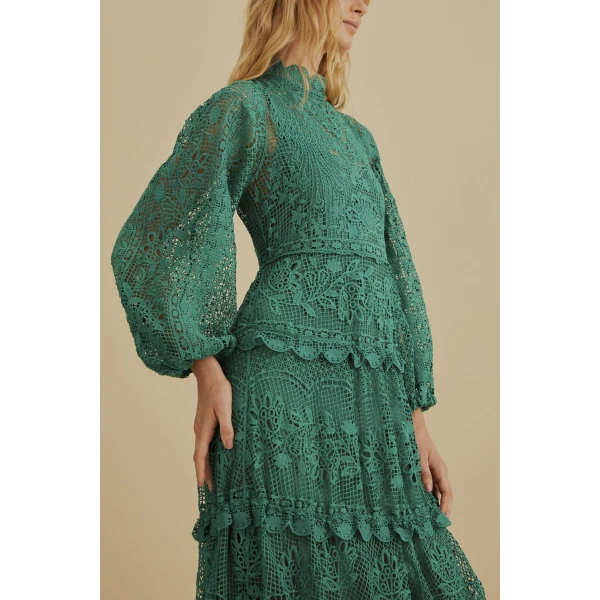 Dark Green Guipure Long Sleeve Maxi Dress