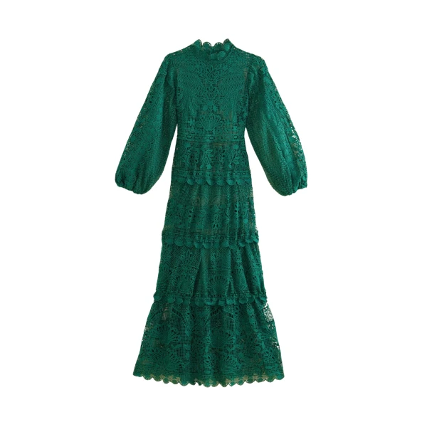 Farm Rio Dark Green Guipure Long Sleeve Maxi Dress45987 nobg