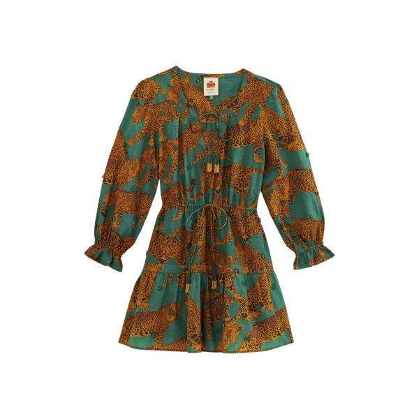 Farm Rio Green Artsy Leopards Long Sleeve Mini Dress74409 nobg