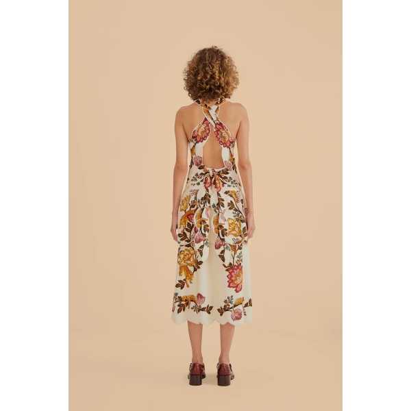 Sand Leopard Flowers Cut Out Midi Dress