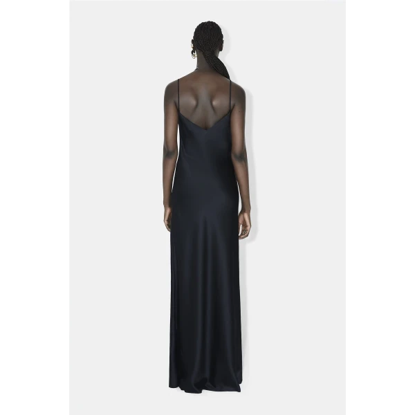 Satin V-Neck Slip Dress - Black