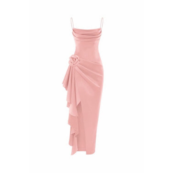 Rasario Flower Embellished Draped Satin Midi Dress