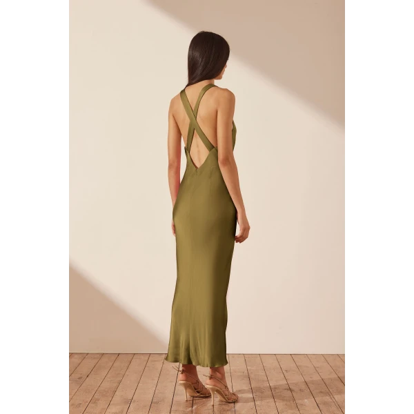 Shona Joy Arienzo Plunged Cross Back Midi Dress - Green Olive