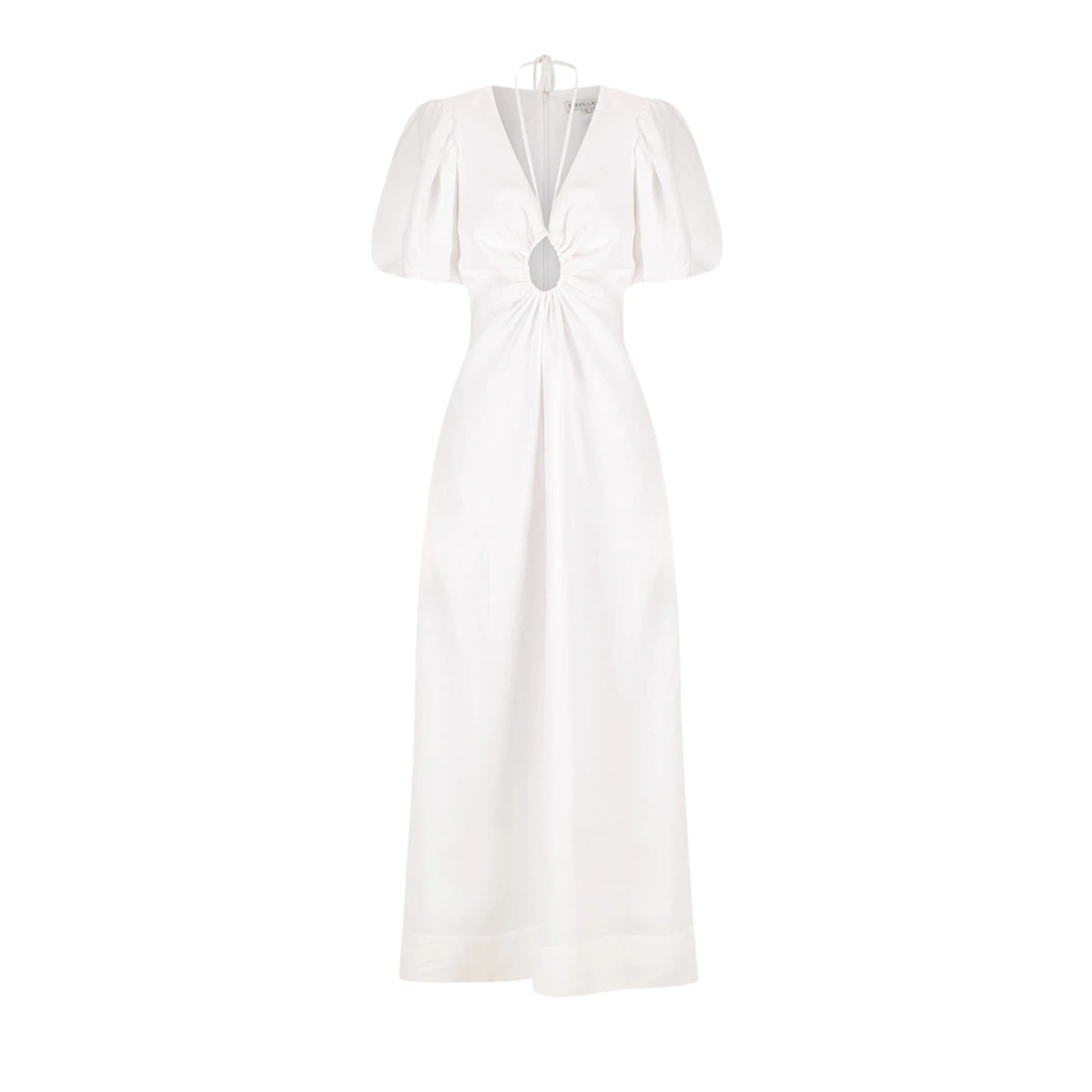 Shona Joy Blanc Linen Ruched Keyhole Midi Dress37539 nobg